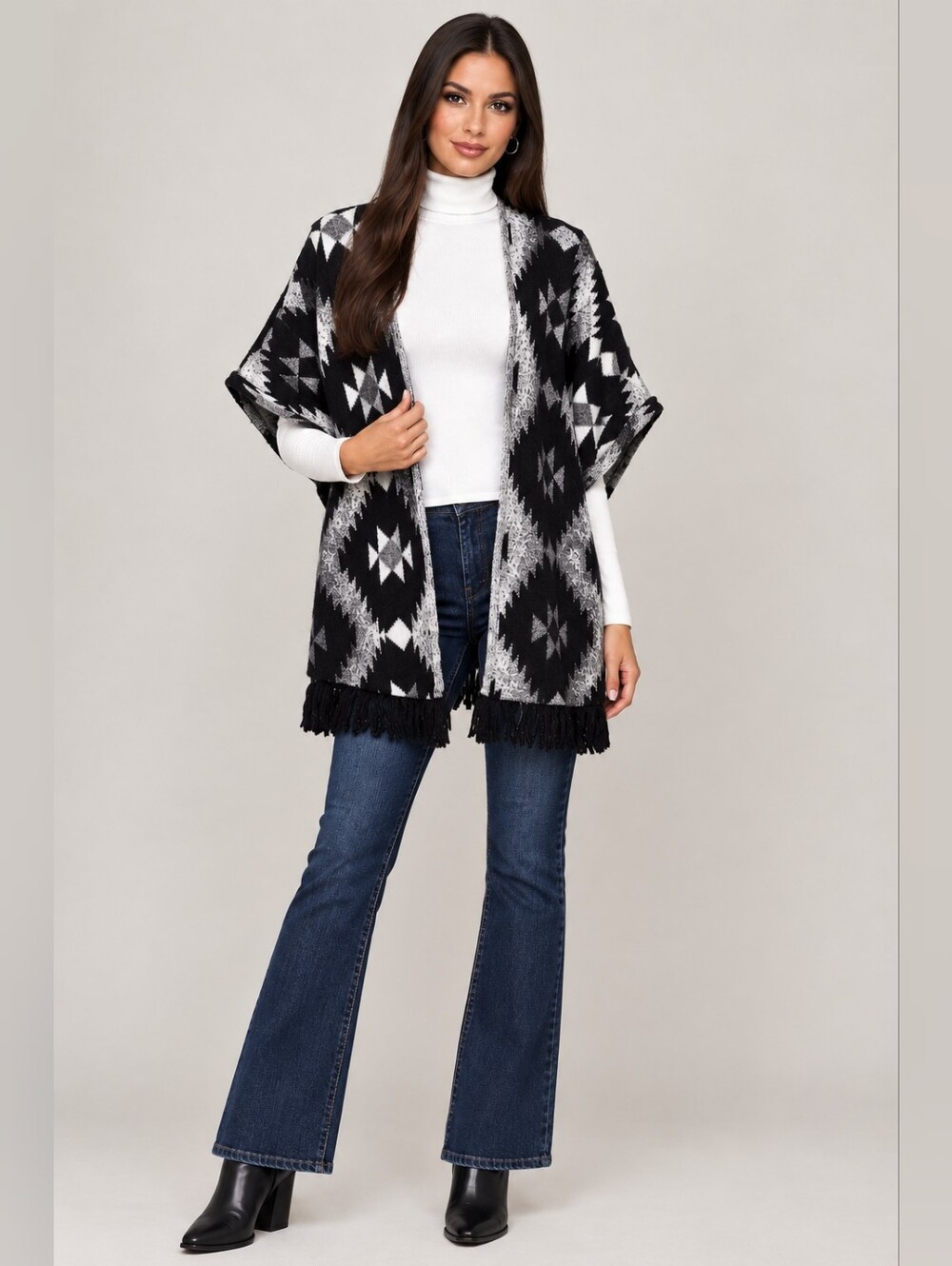 AEO Western Geo Open Front Fringe Ruana Cardigan